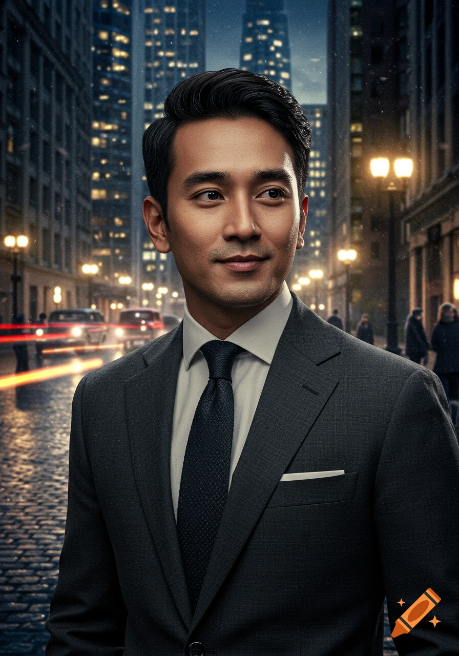 A photorealistic portrait of an Asian man in a dark suit and tie, looking right, on a city street at night with blurry lights.