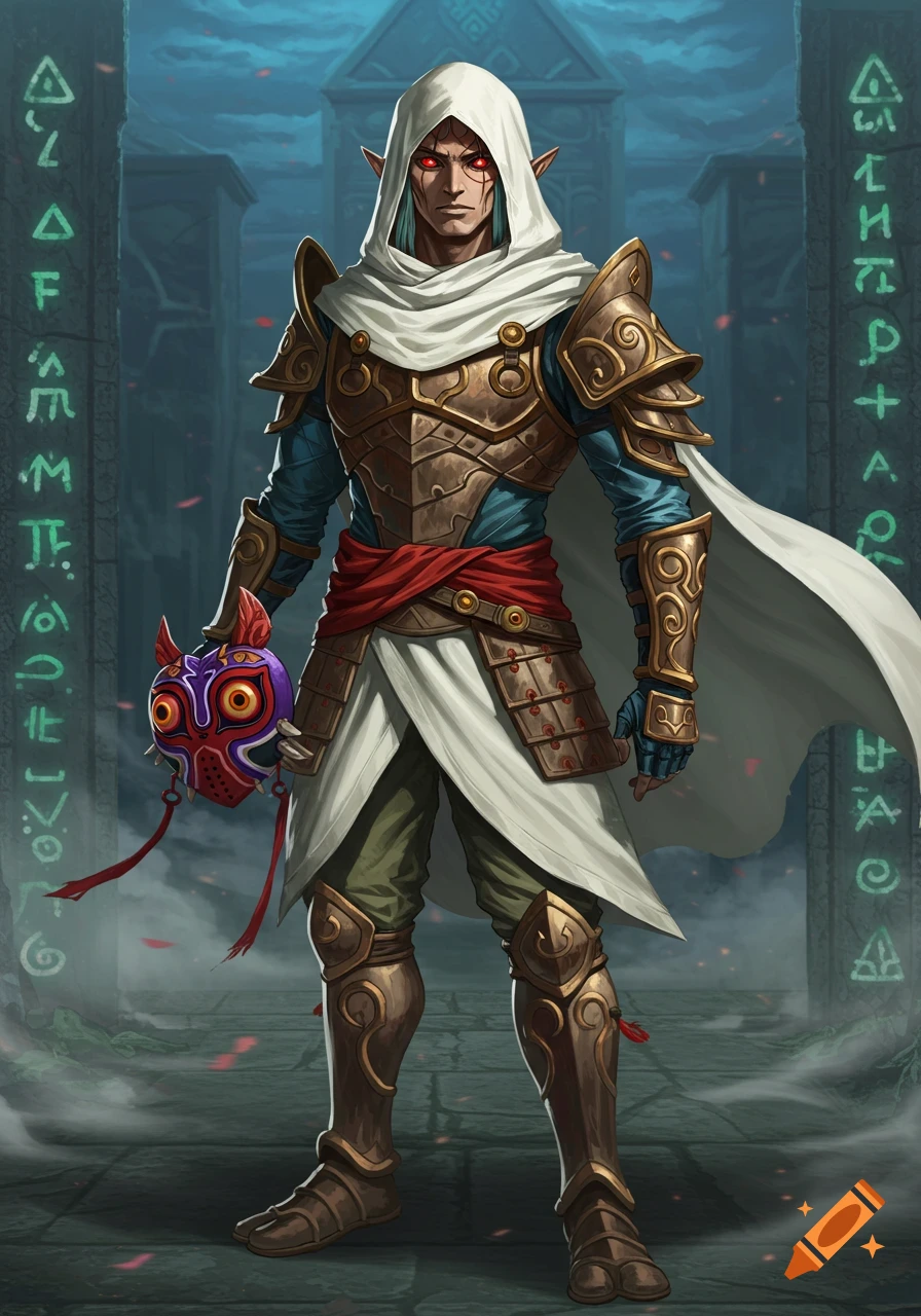 A hooded, red-eyed male elf in golden fantasy armor stands holding a red and purple mask in ancient ruins.