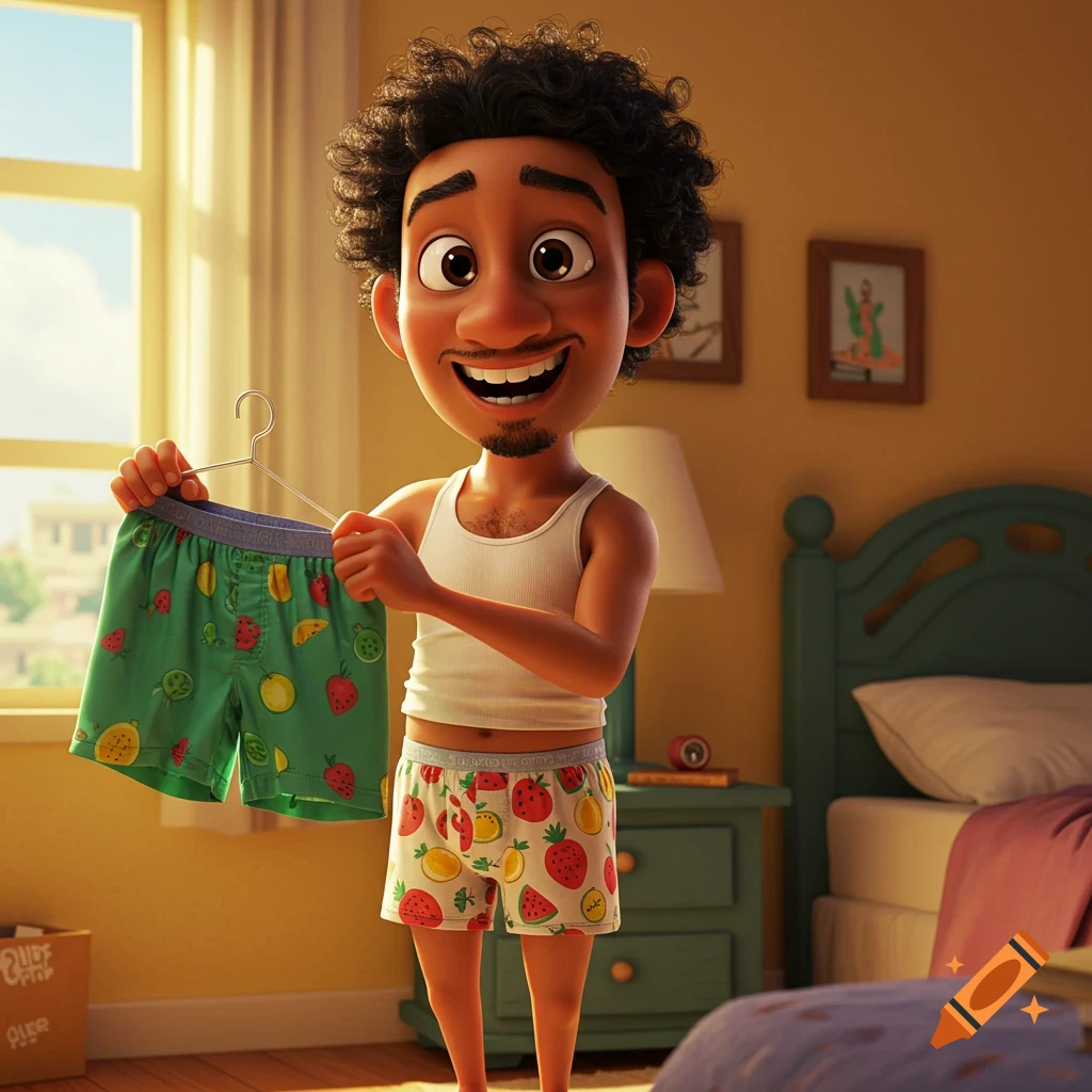 Pixar-style cartoon man with curly hair and a beard, smiling in a bedroom, wearing fruit-patterned boxer shorts and a tank top, holding green fruit-patterned shorts on a hanger.