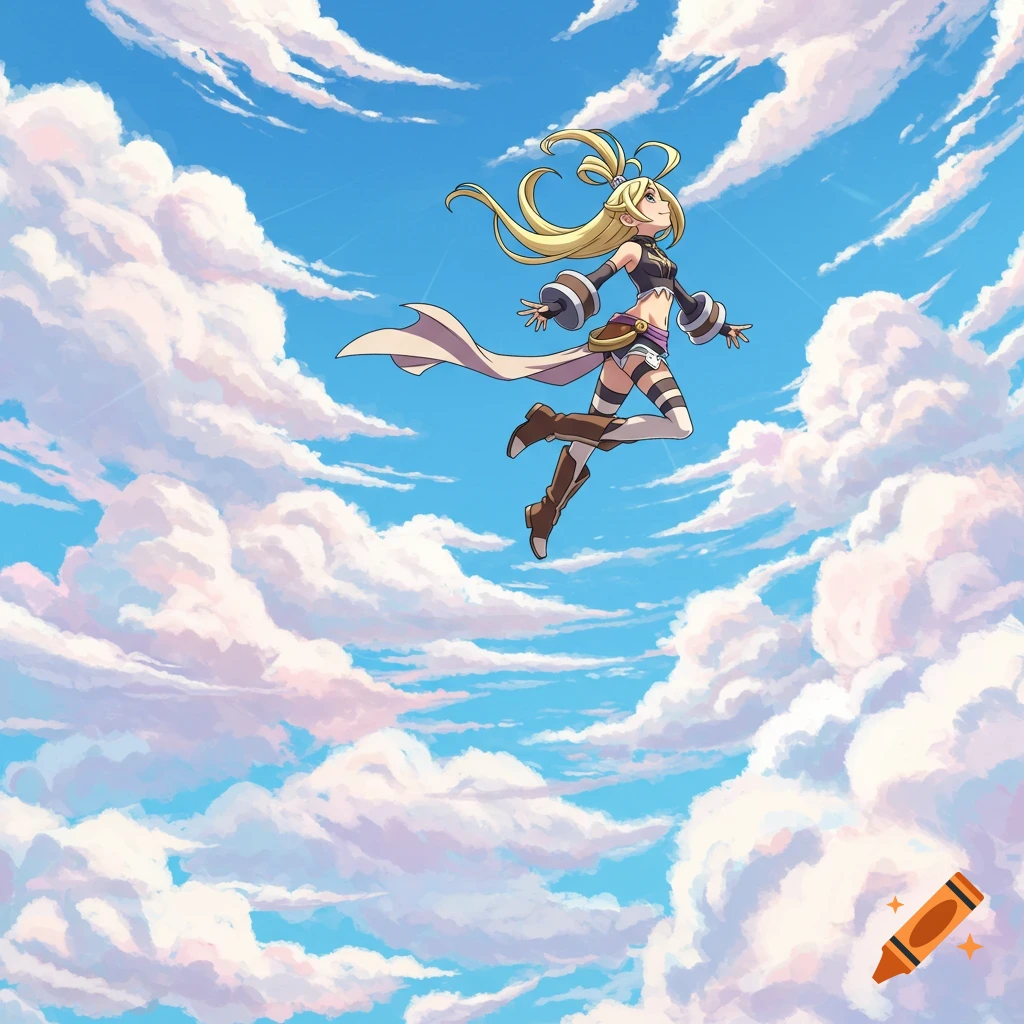 Anime blonde woman in a fantasy outfit floats upwards through a blue sky with fluffy clouds, cel-shaded art.