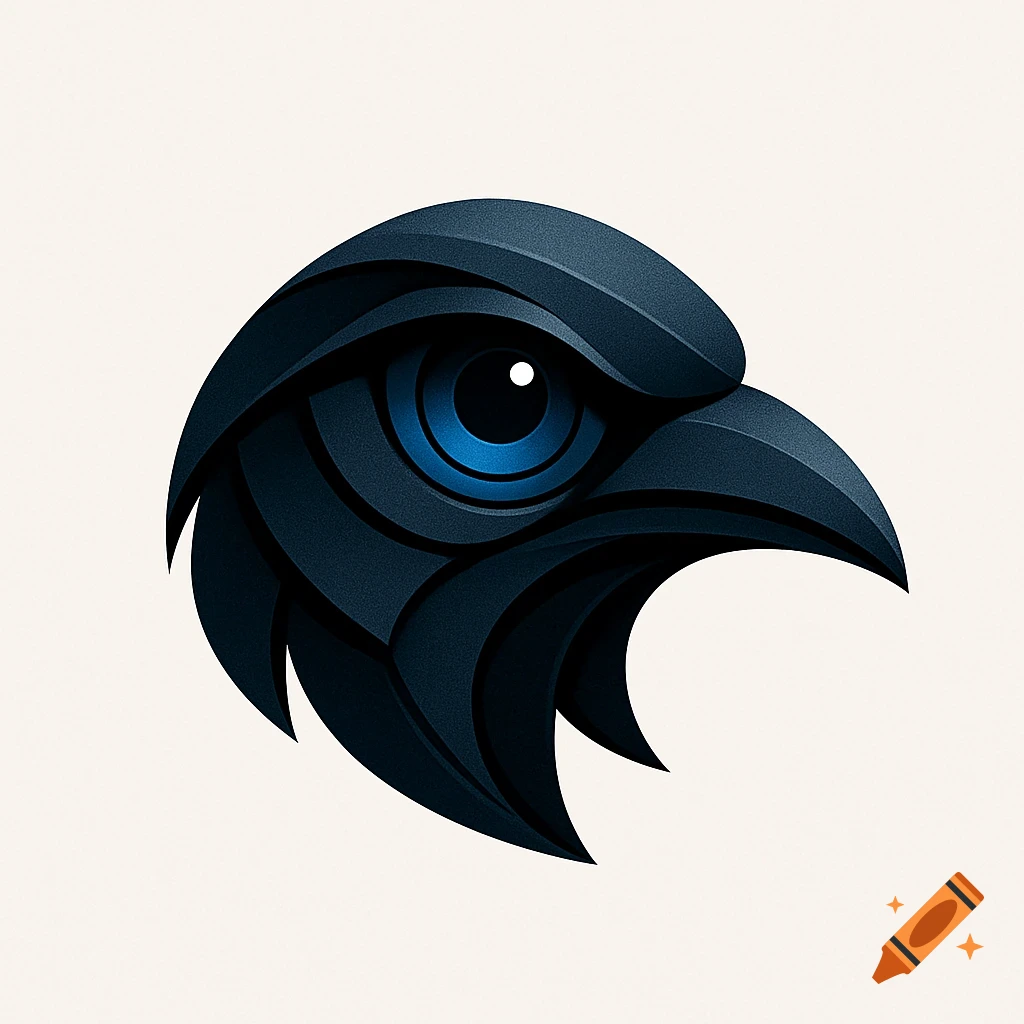 Stylized dark blue and black raven head logo with a bright blue eye.