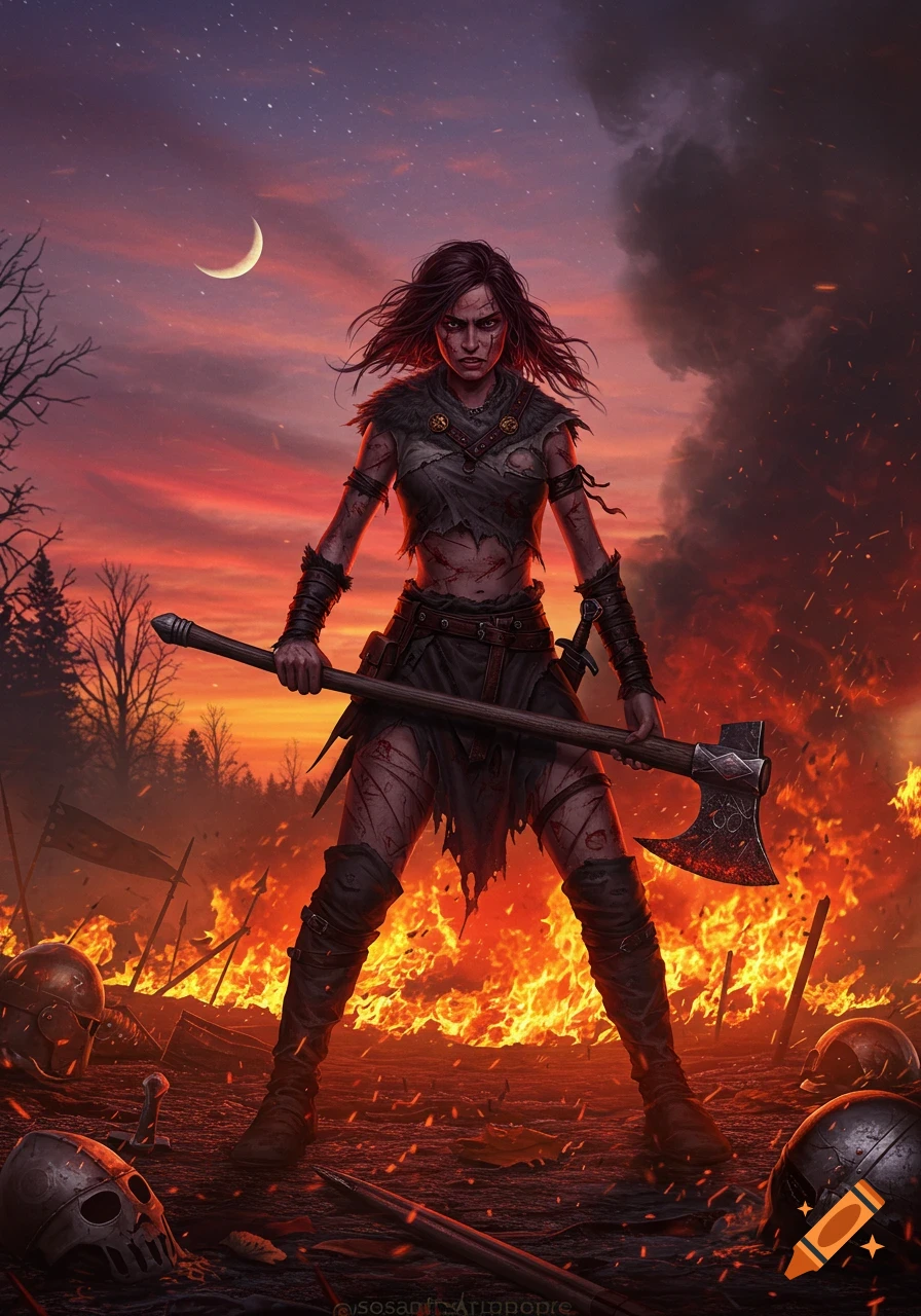 A fierce warrior woman with an axe stands on a burning battlefield at sunset, surrounded by fire and skulls, in a dark fantasy style.