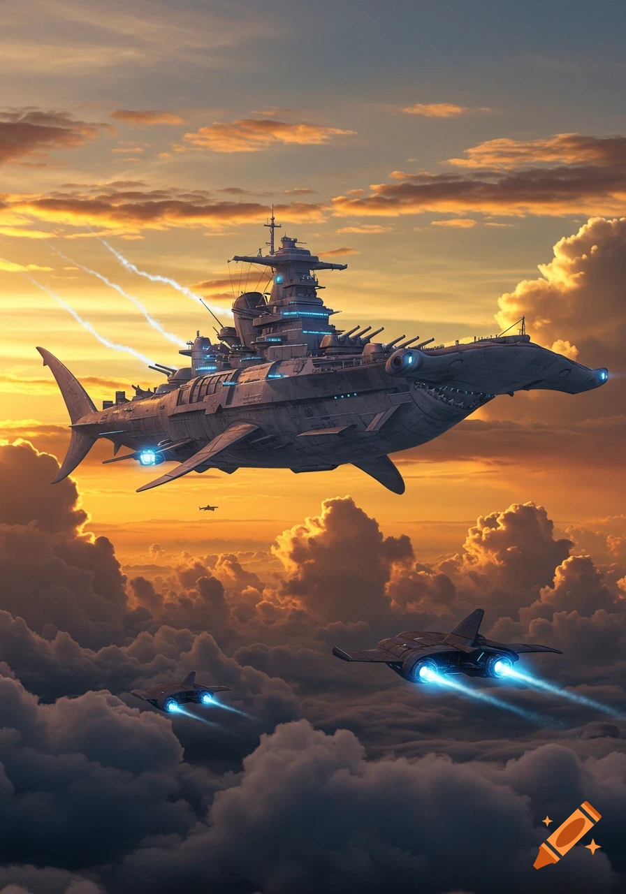 A futuristic hammerhead shark-shaped battleship with smaller jets flying through a vibrant orange and purple cloud-filled sunset sky.