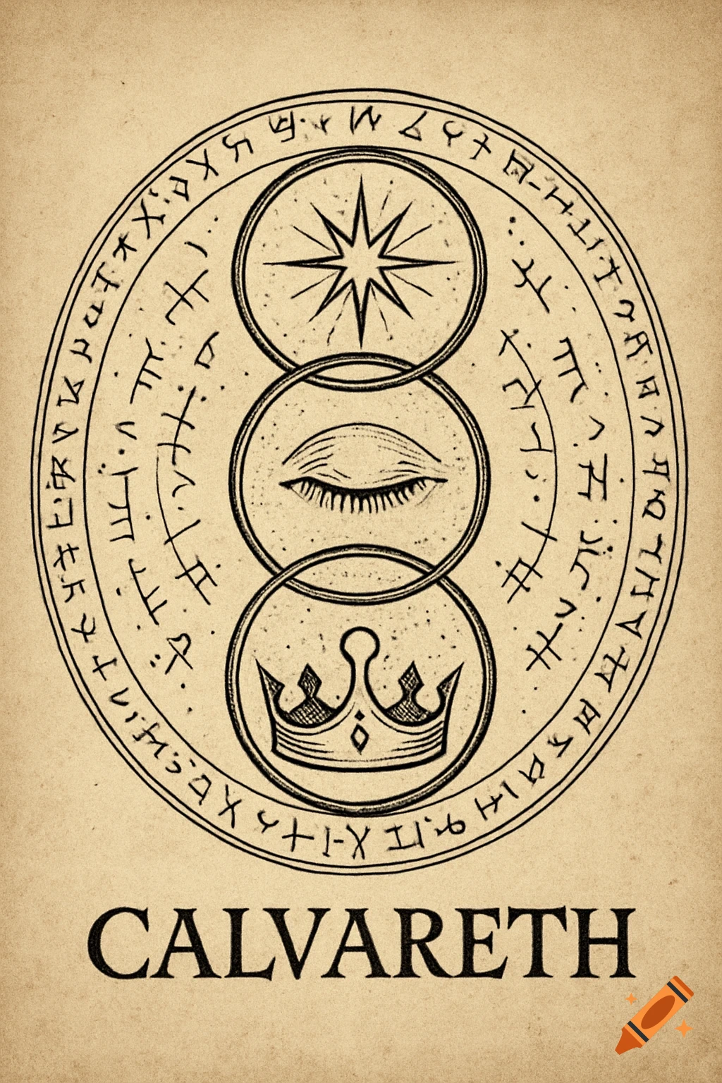 Hand-drawn mystical sigil on aged paper: interwoven circles with starburst, closed eye, and crown; surrounded by celestial script. 'CALVARETH' below.