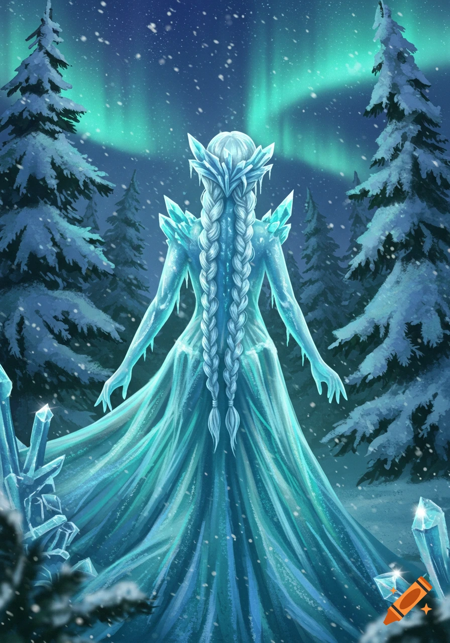 A majestic ice woman with long braided hair and an icy dress stands in a snowy forest under the northern lights.