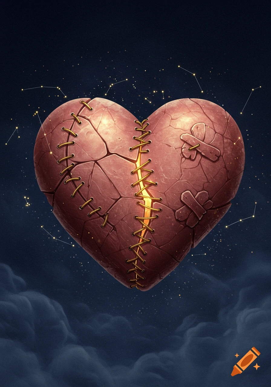 A cracked heart stitched with glowing thread and band-aids, floating in a dark starry night sky. Stylized illustration.