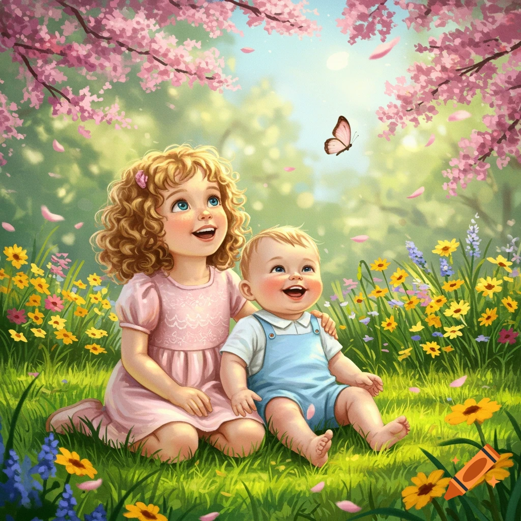 A joyful illustration of a young girl and a baby boy sitting in a field of colorful flowers under cherry blossoms, looking up at a butterfly.