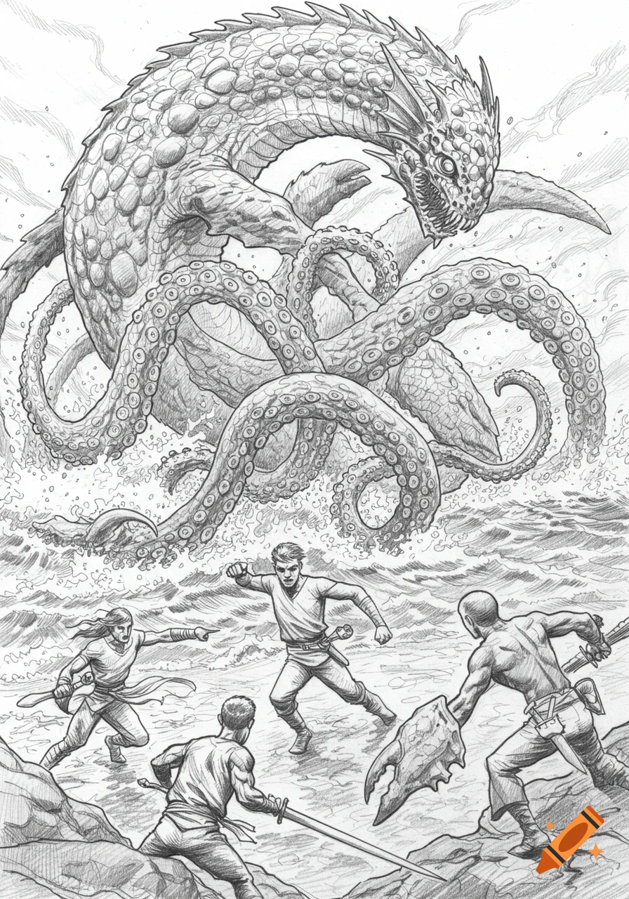 Pencil sketch of three warriors fighting a huge tentacled sea monster emerging from the ocean near a rocky shore.