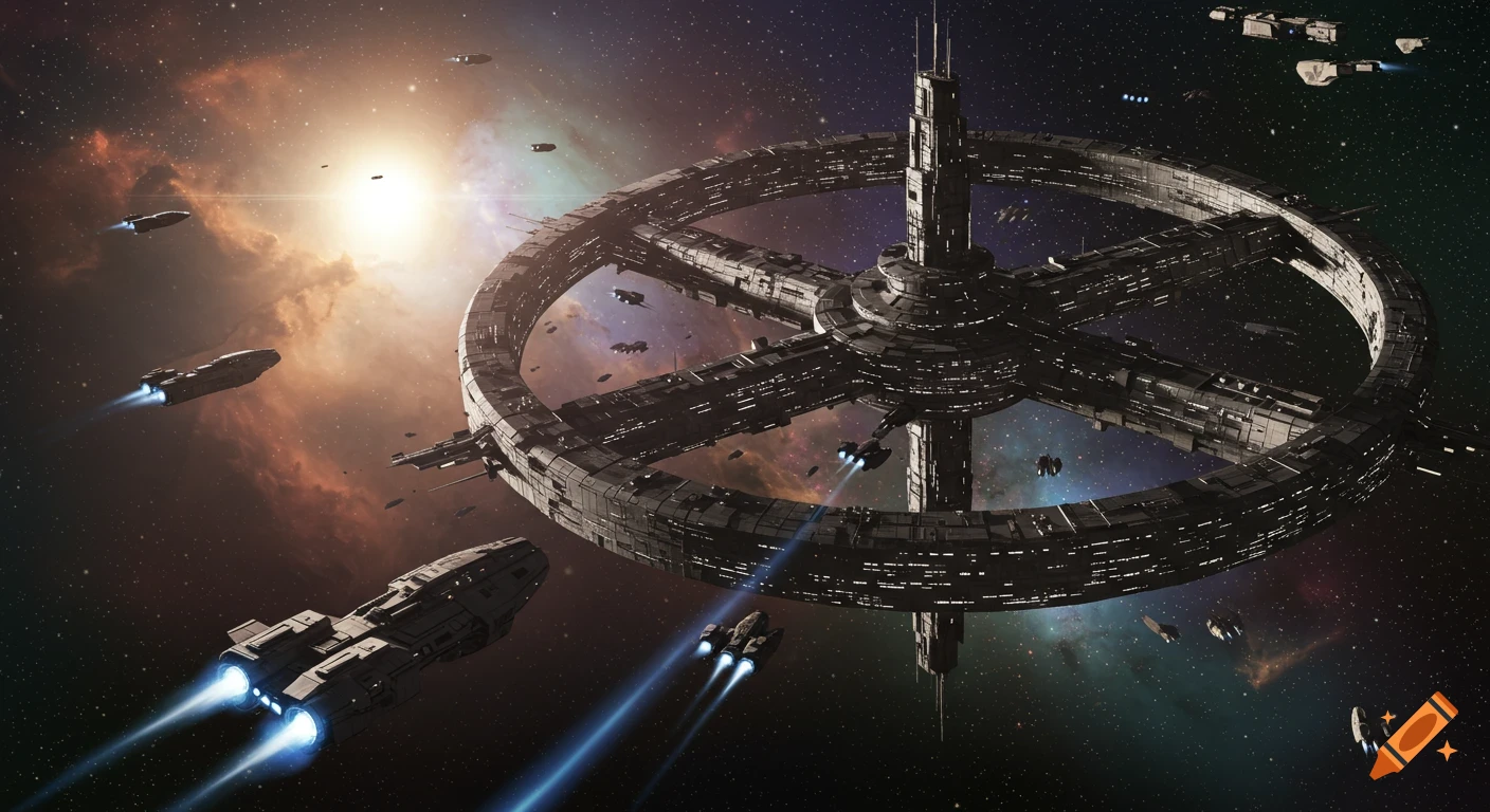 Photorealistic image of a massive circular sci-fi space station with ships flying around it against a cosmic background.