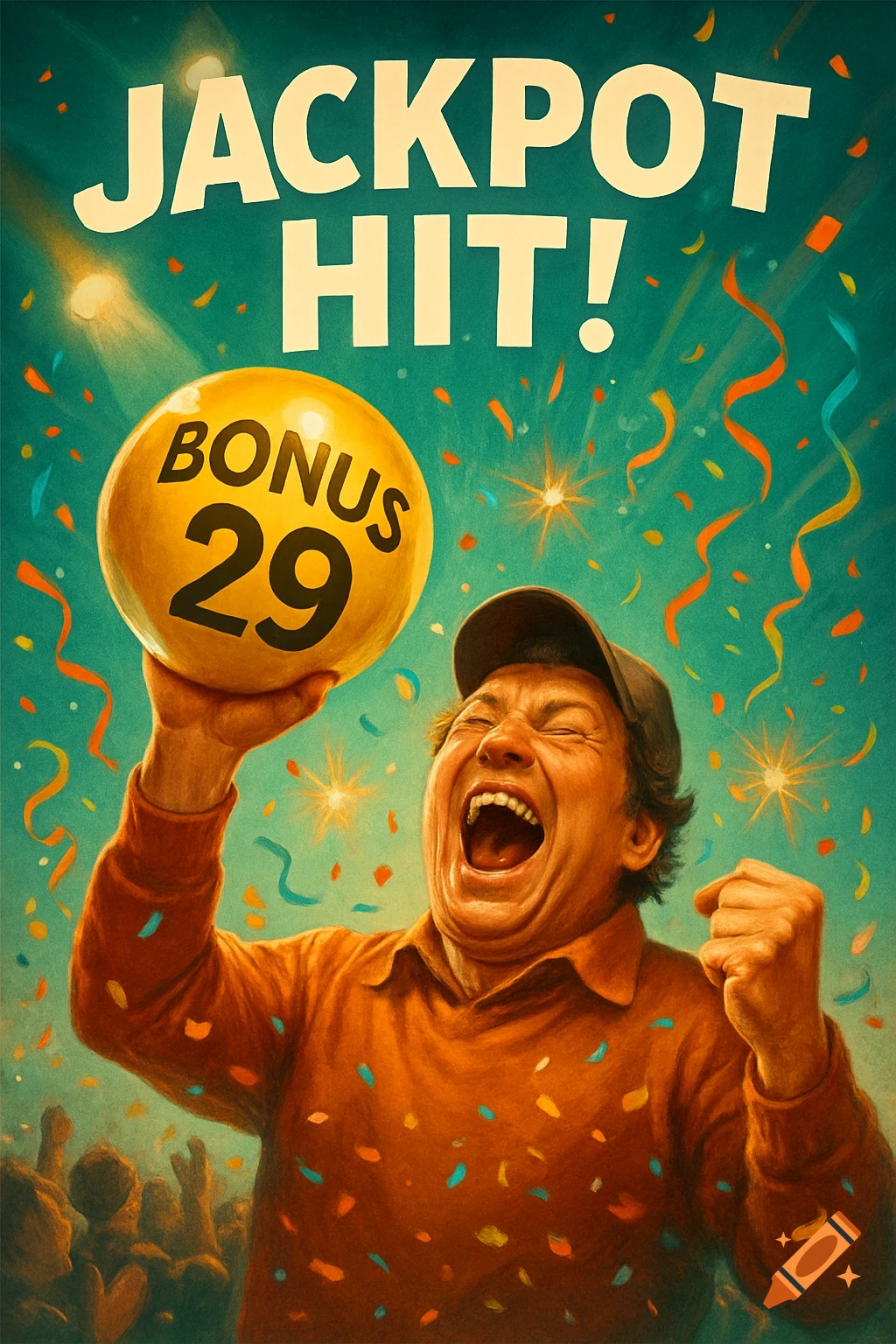 A jubilant man celebrates winning the lottery, holding a yellow 'BONUS 29' ball, with 'JACKPOT HIT!' text above and confetti falling, in a stylized poster.