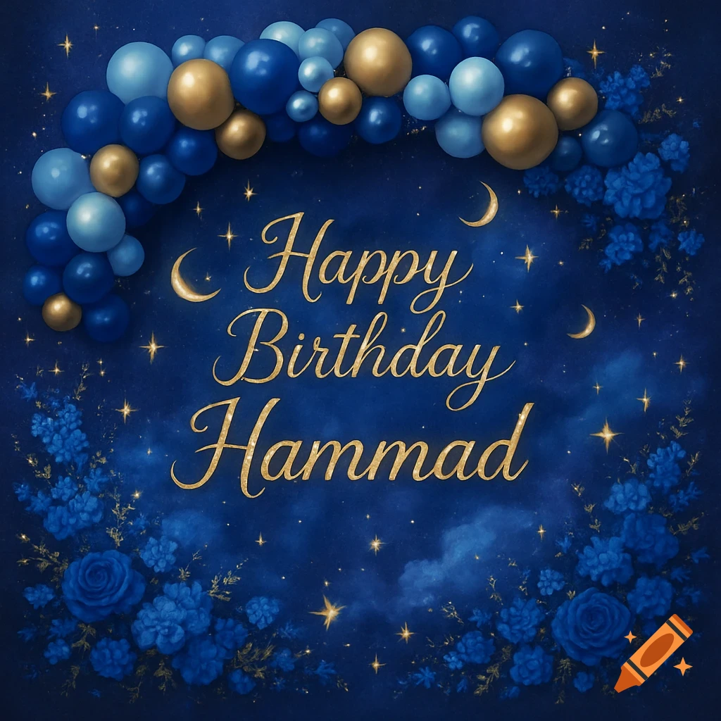 Magical birthday banner with 'Happy Birthday Hammad' in gold script, framed by blue and gold balloons, blue flowers, golden stars, and crescent moons on a dark blue celestial background.
