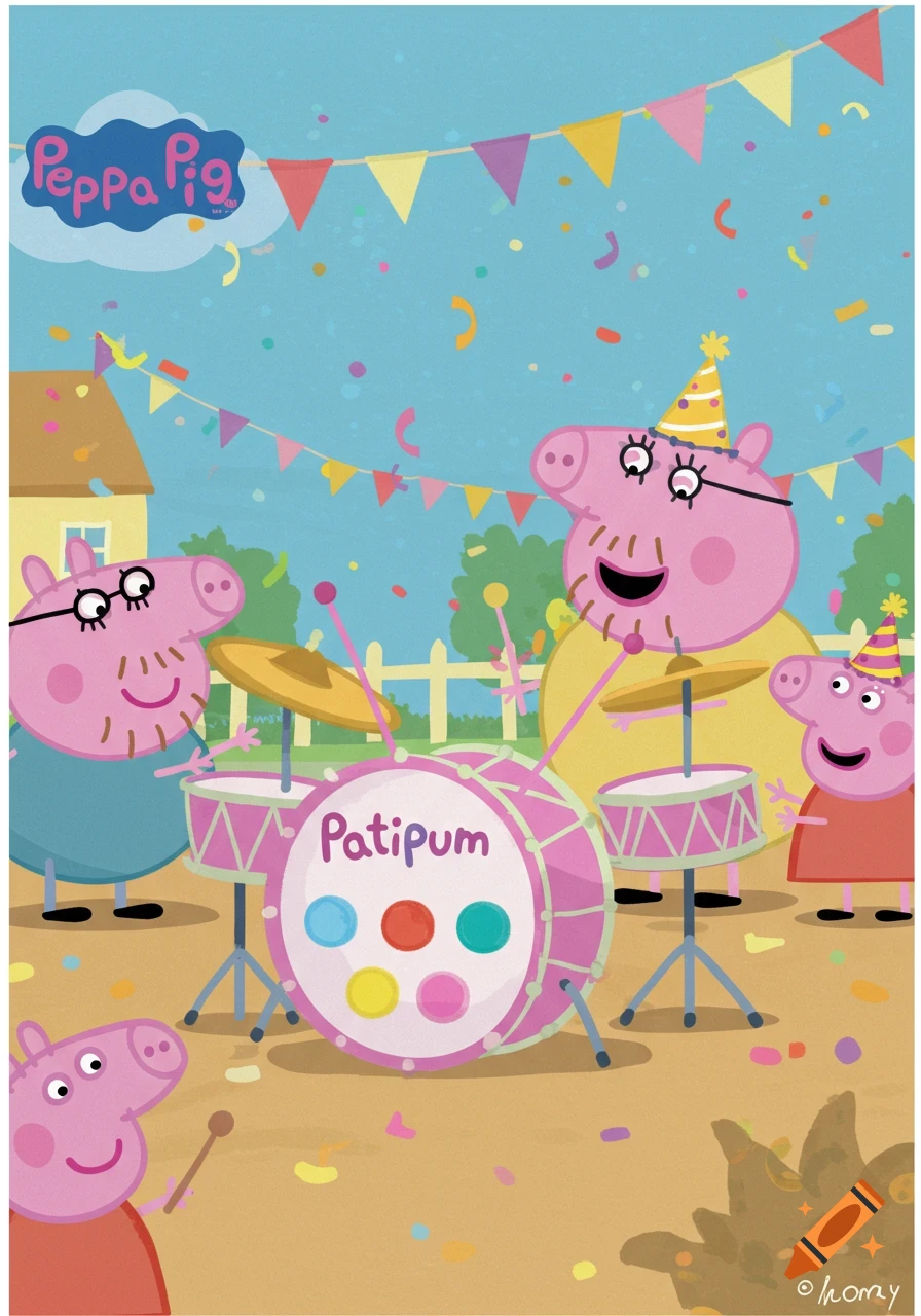 Peppa Pig characters, including Peppa, George, Mummy Pig, and Daddy Pig, play a pink drum set at an outdoor party with colorful confetti and bunting.