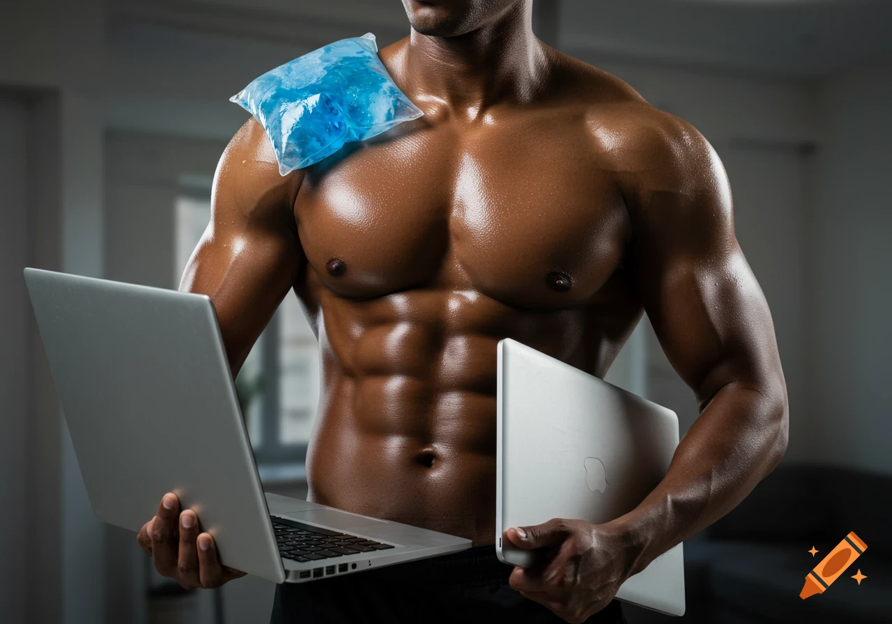 A shirtless, muscular man with an ice pack on his shoulder holds a laptop in each hand in a photorealistic style.