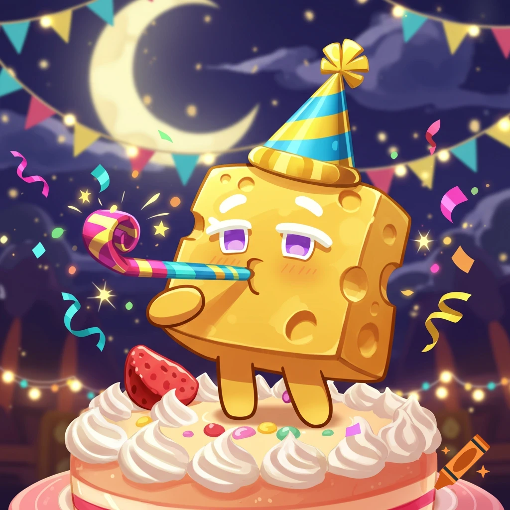 Golden Cheese Cookie in a party hat blowing a horn on a birthday cake with confetti, flags, and a crescent moon.