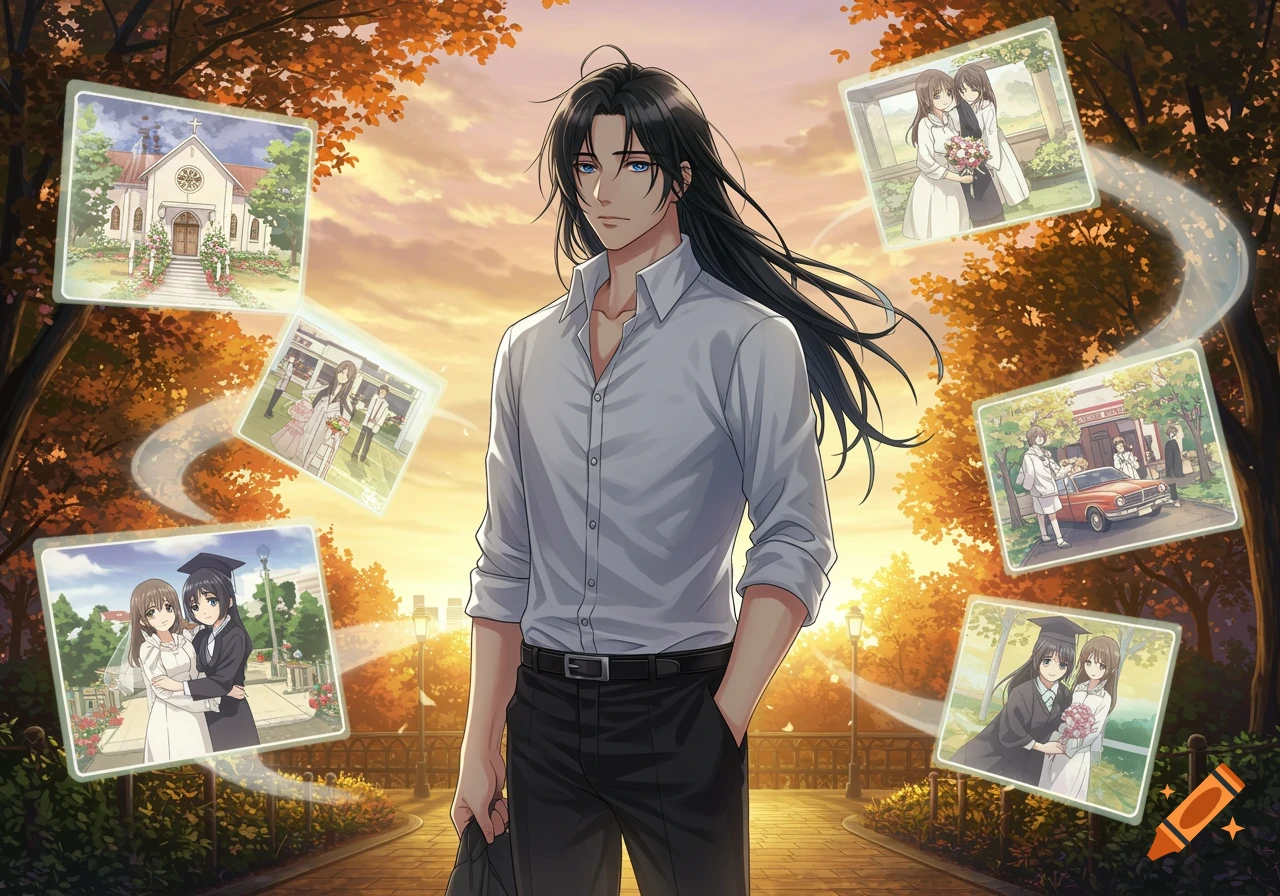 Anime man with long black hair reflects on memories of his daughter's life events like wedding and graduation in a park setting.