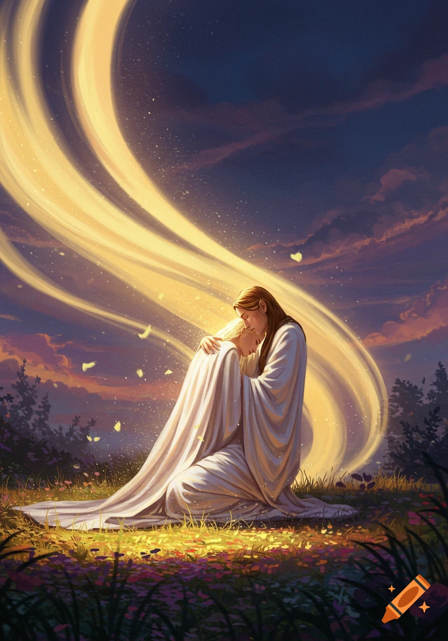 Two robed figures embrace under swirling golden light in a field at dusk.