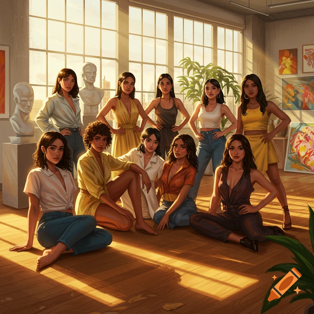 Digital illustration of women posing in a sunny art studio with large windows and sculptures.