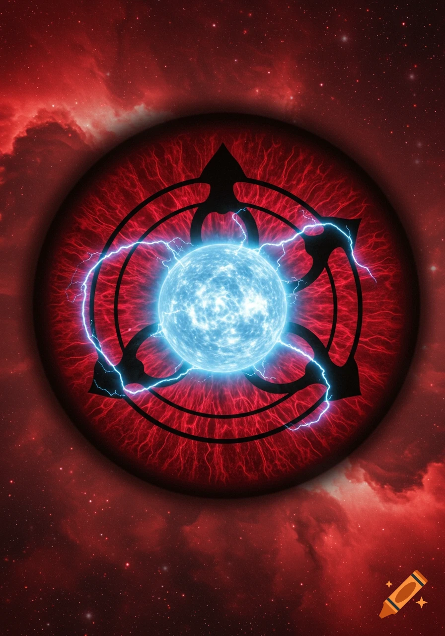 Anime-style red eye with a glowing blue neutron star, black patterns, and electric lightning against a cosmic red background.