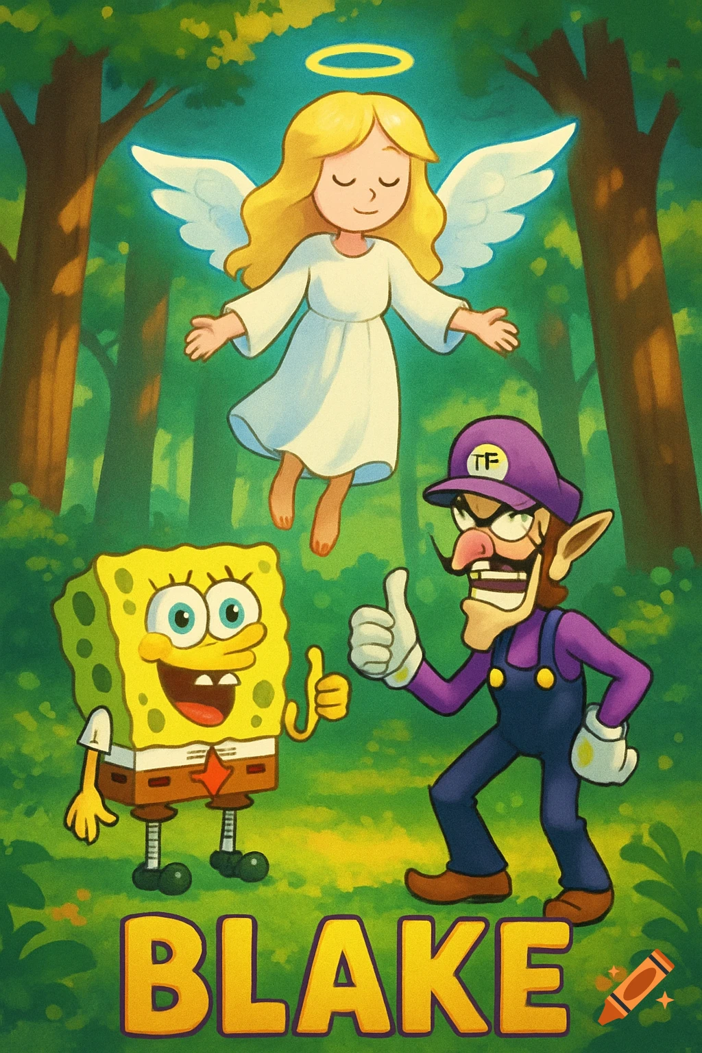 Cartoon angel, Spongebob, and Waluigi giving thumbs up in a forest, with 'BLAKE' text.