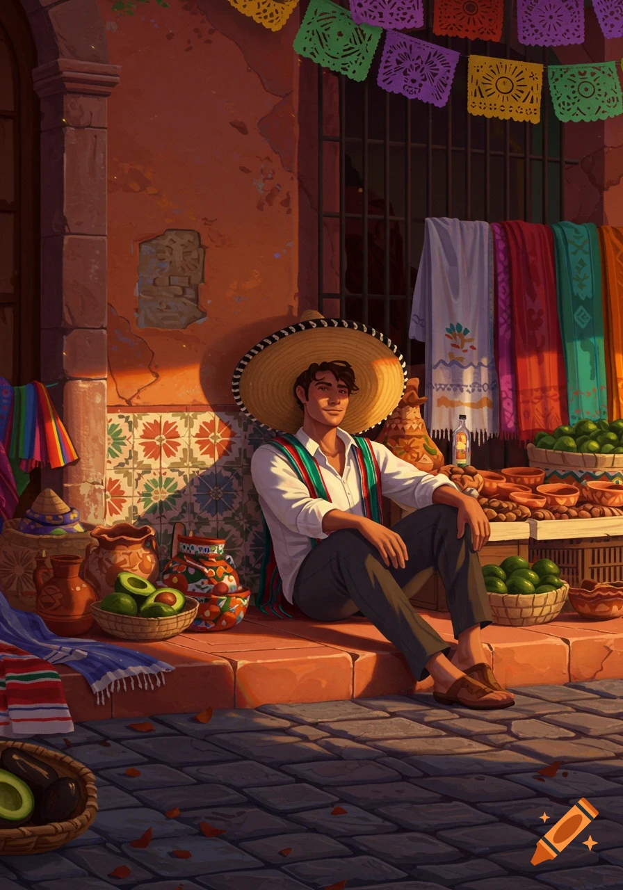 An illustrated man in a sombrero sits on a sunny Mexican street, surrounded by colorful papel picado, textiles, and market goods.