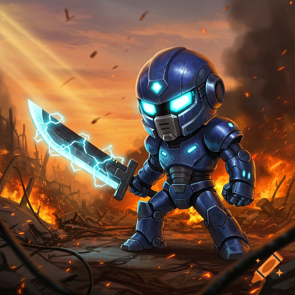A chibi-style blue robot knight with glowing eyes and an electric sword stands in a fiery, destroyed landscape.