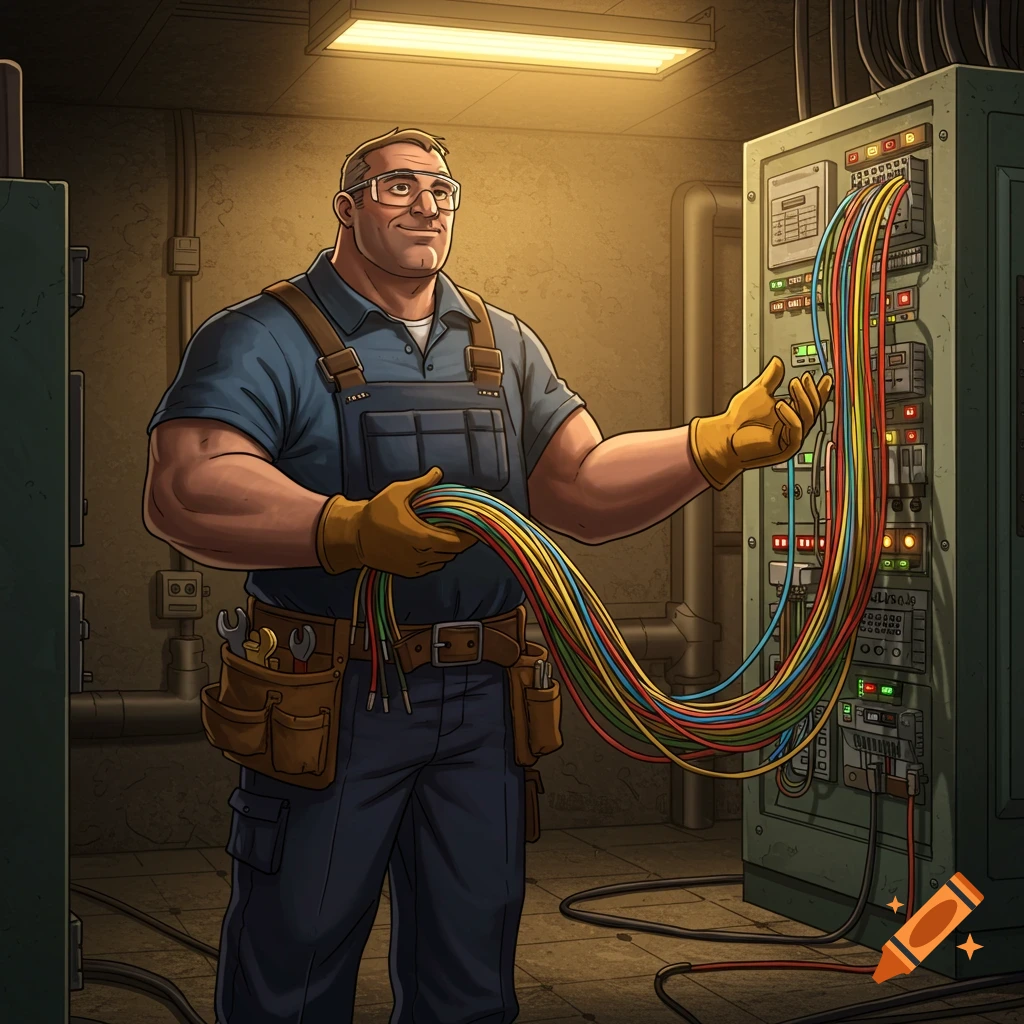 A cartoon electrician in safety glasses and work overalls holds colorful wires in front of an electrical panel in a utility room.