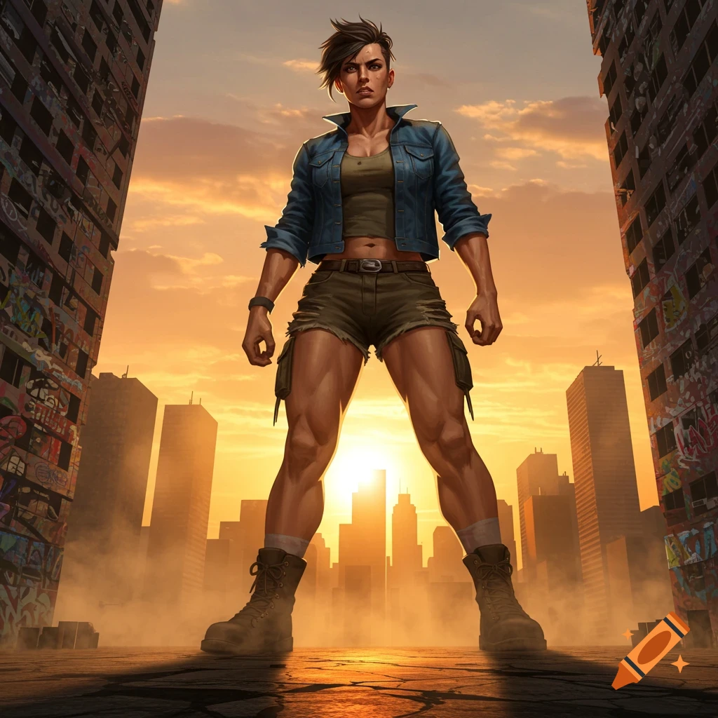A muscular woman in a denim jacket, crop top, and shorts stands powerfully on an urban rooftop with a city skyline and orange sunset behind her.