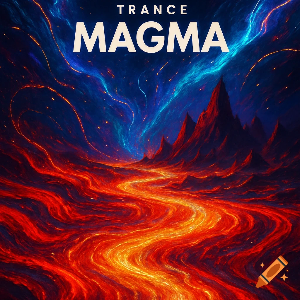 Vibrant, stylized volcanic landscape with a flowing river of orange lava, red mountains, and a cosmic blue and orange nebula sky. Text: TRANCE MAGMA.