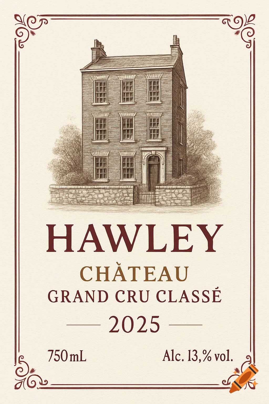 Vintage style wine label featuring a detailed line drawing of a brick terraced house behind a stone wall, with wine information text.