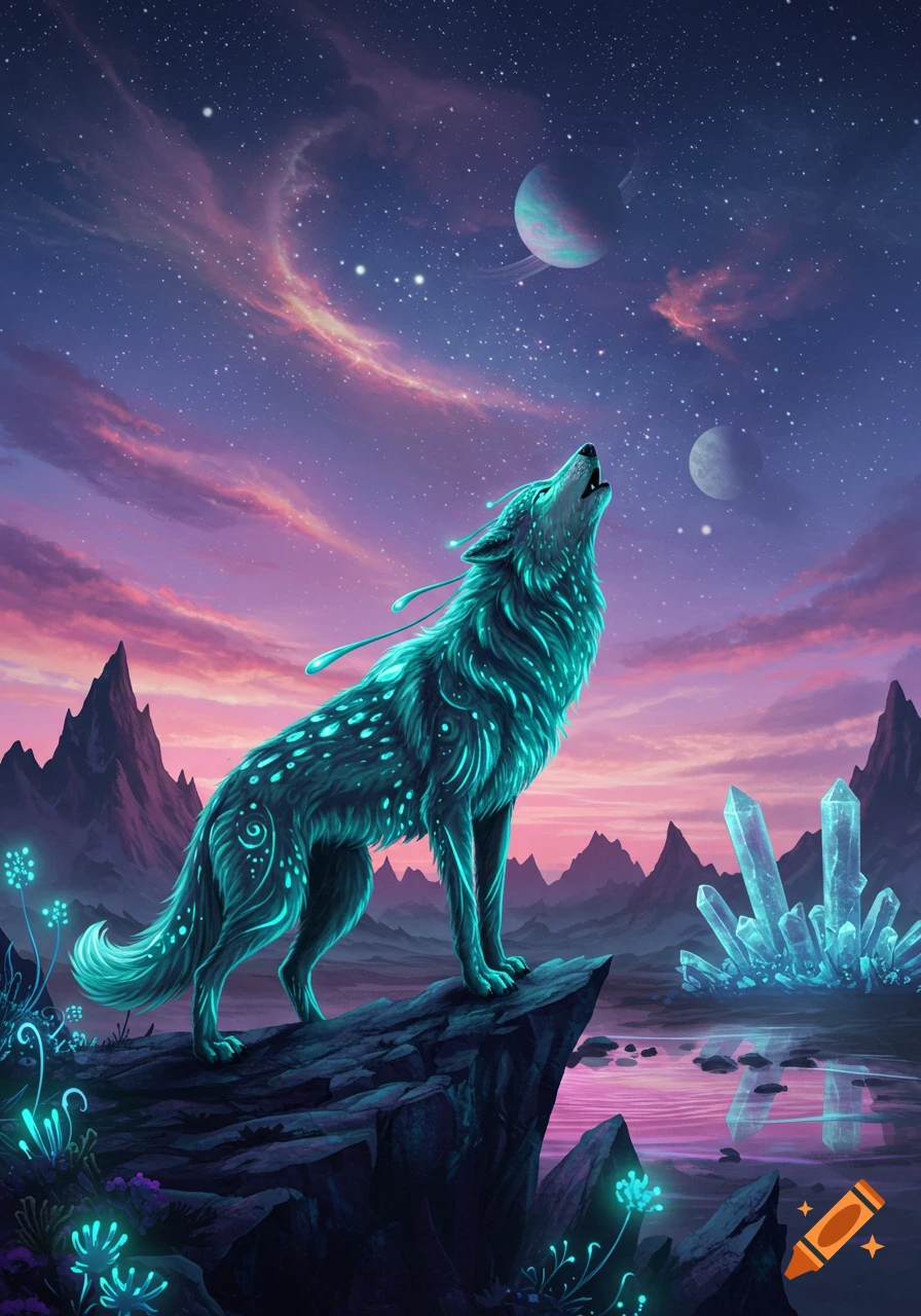 A glowing teal wolf howls at two moons in a starry, purple and pink alien sky, surrounded by sharp mountains and luminous crystals.