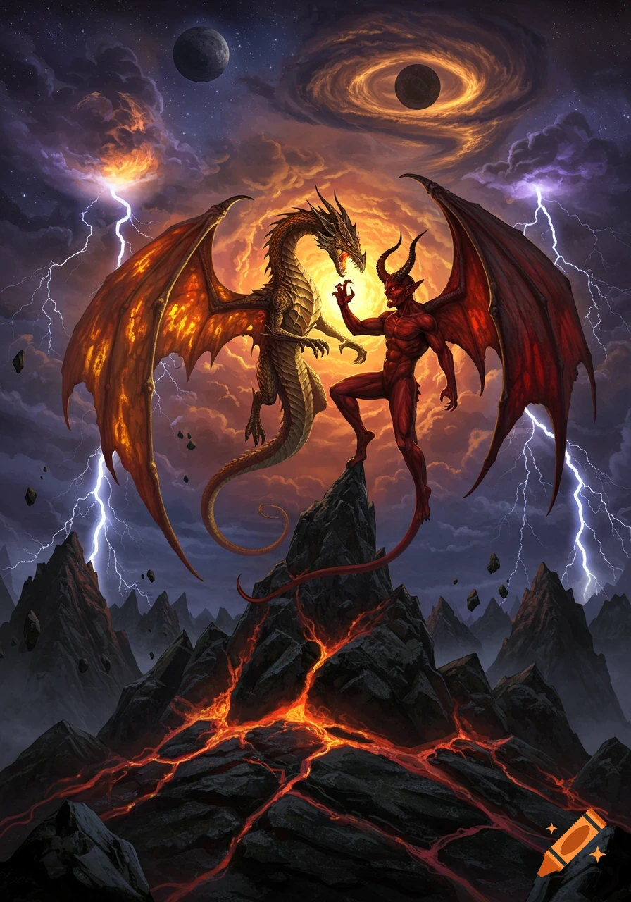 A dragon and a red devil-like creature face off on a volcanic peak under a stormy, lightning-filled sky in dark fantasy art.
