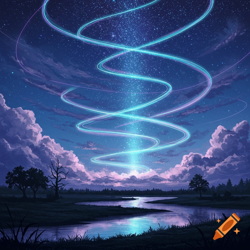 A vibrant anime-style night landscape with a river reflecting swirling blue and purple ethereal light descending from a starry sky.