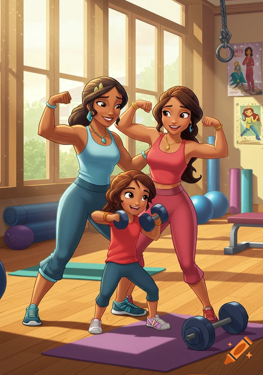 A cartoon family, two adult women and a child, flex their biceps and lift dumbbells in a colorful gym.