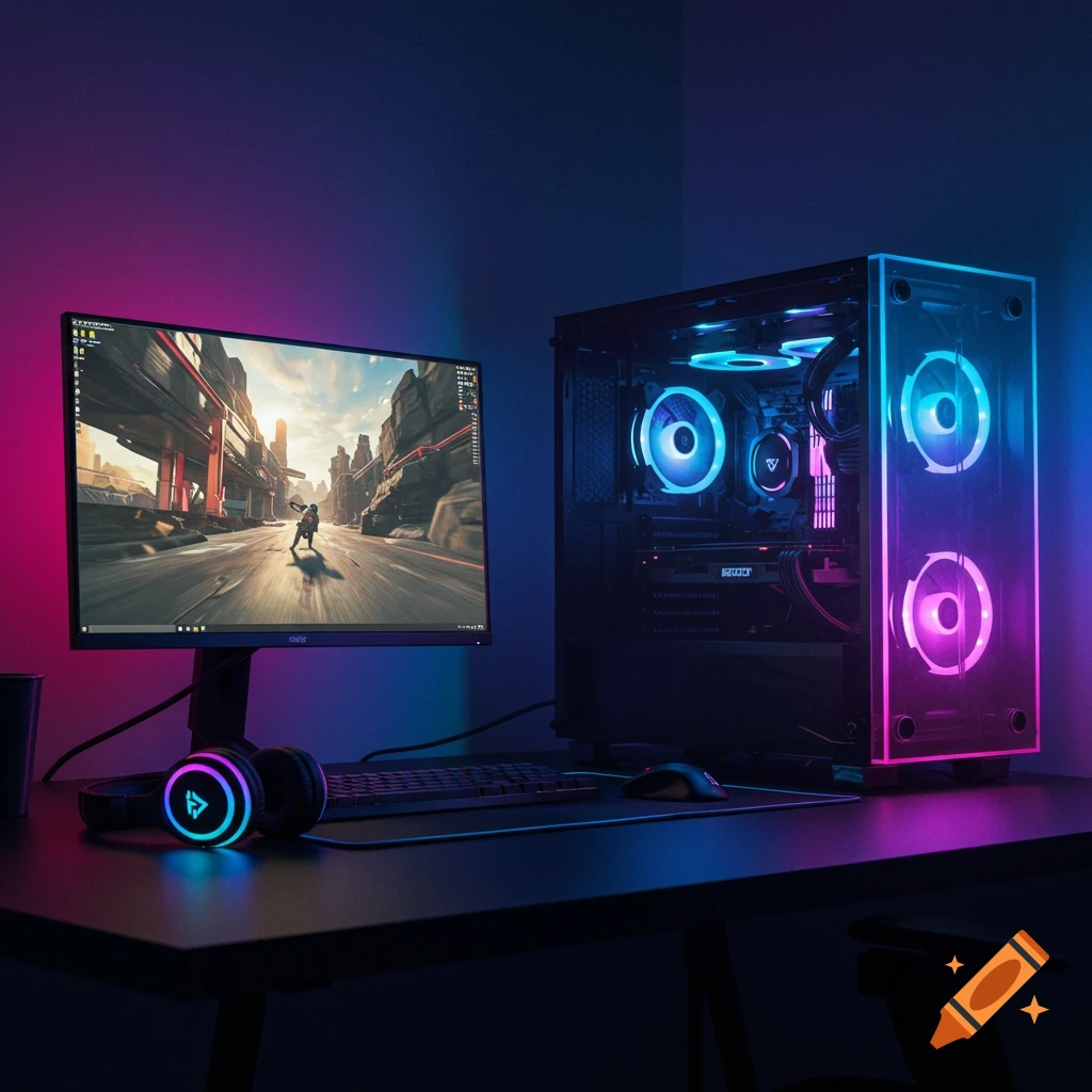 A vibrant RGB gaming setup with a monitor displaying a game, a PC tower with glowing fans, and glowing headphones on a dark desk, illuminated by pink and blue light.