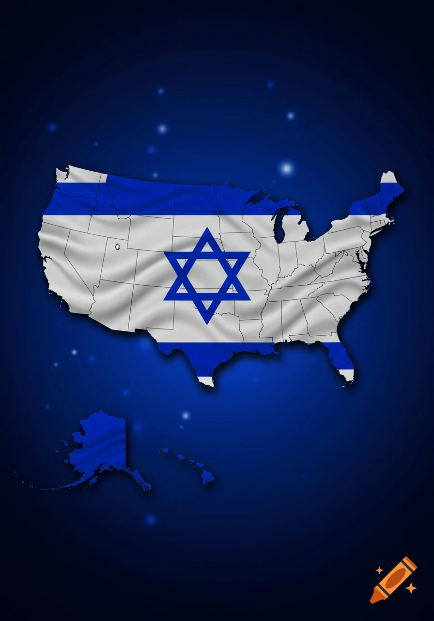 Map of the United States overlaid with the Israeli flag against a dark blue background with faint stars.