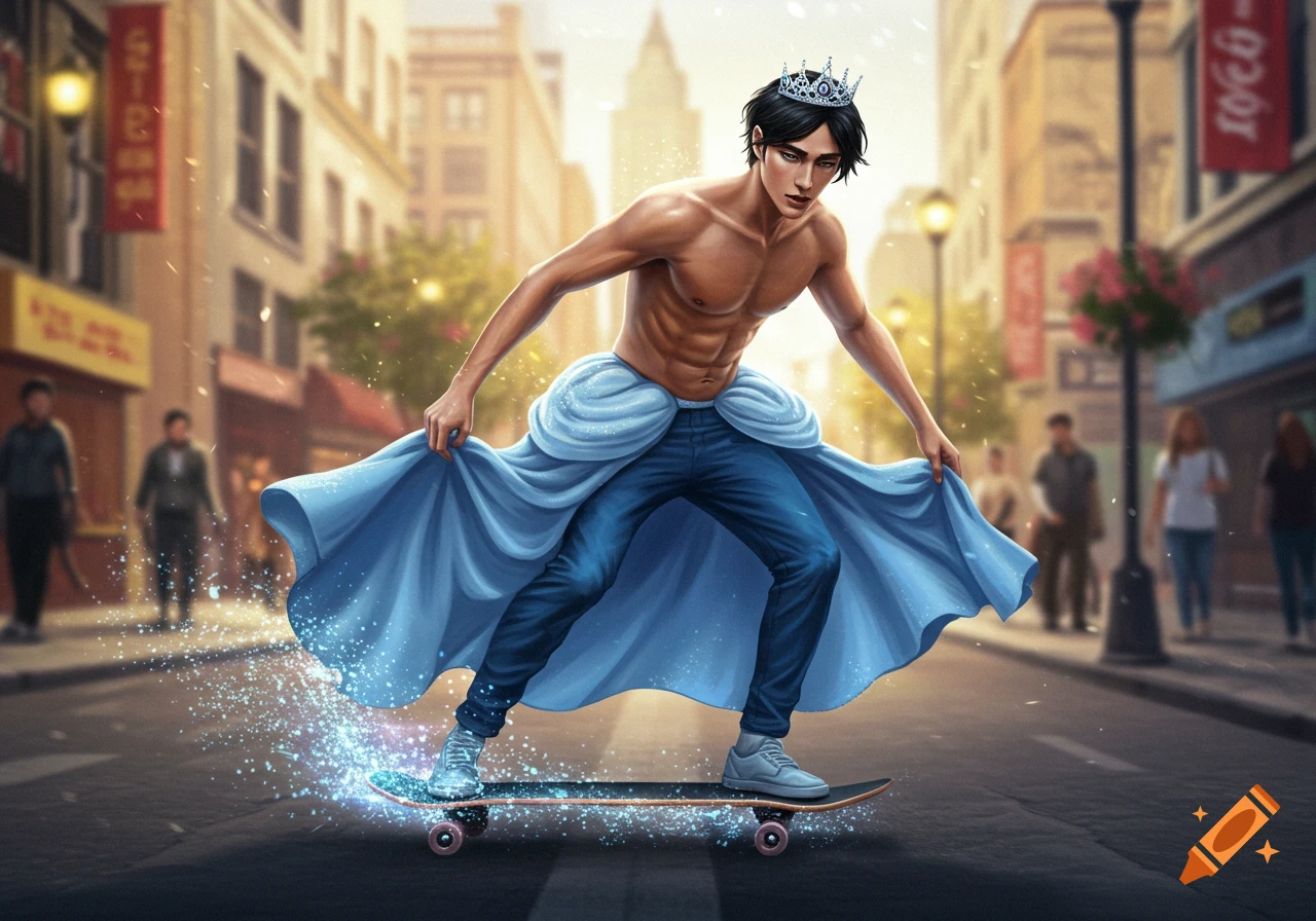A shirtless man with a crown and a blue Cinderella skirt over jeans skateboards down an urban street, with sparkling effects around the board.