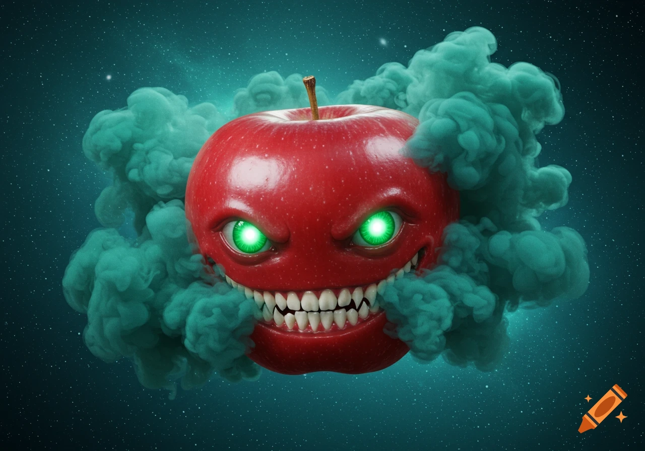 Menacing red apple with glowing green eyes and sharp teeth, surrounded by teal smoke in a starry space.