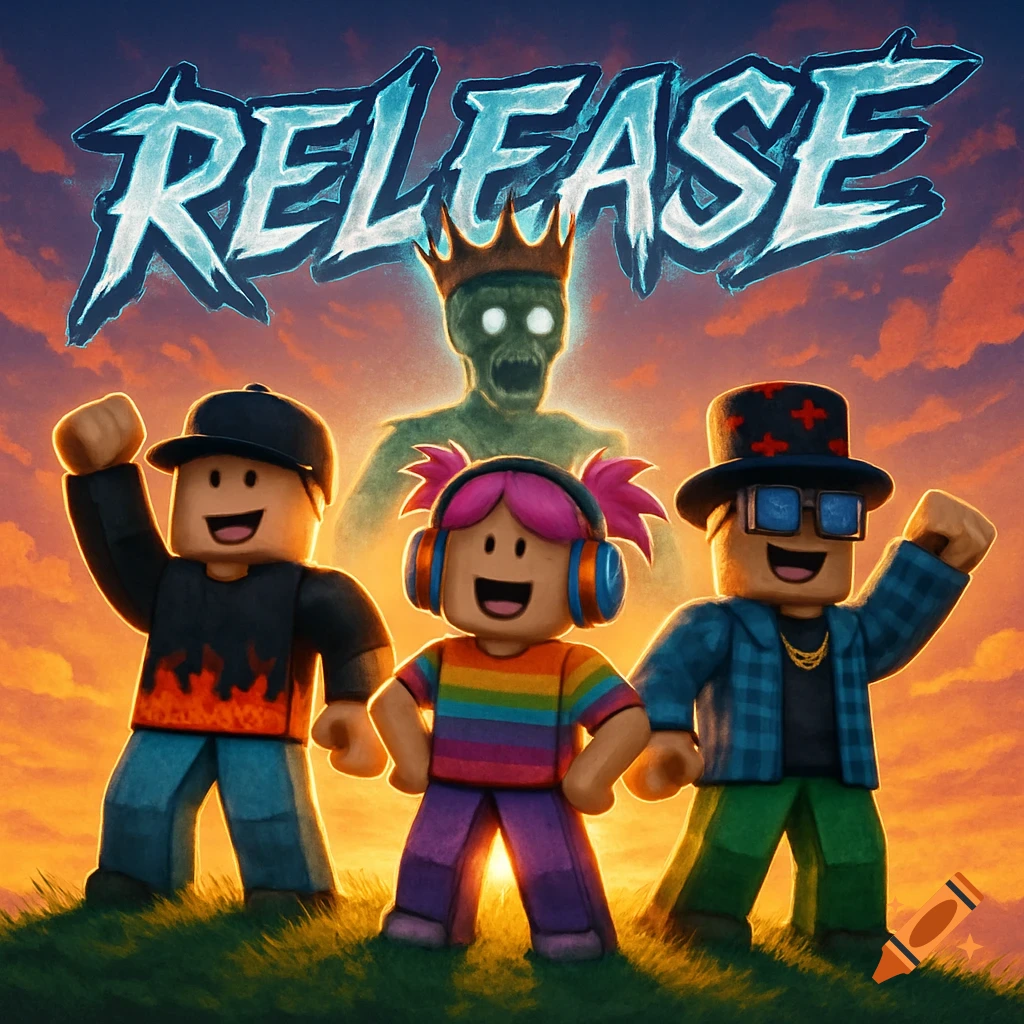Three Roblox avatars stand on a grassy hill at sunset, with a ghostly zombie wearing a crown behind them, and the word 'RELEASE' in stylized text above.
