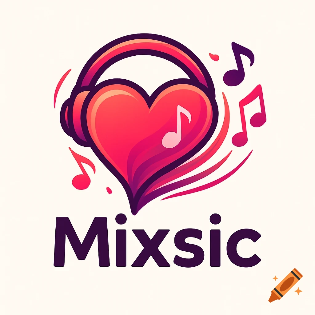 A colorful logo featuring a large red heart wearing headphones, with music notes floating around it, and the word 'Mixsic' below.