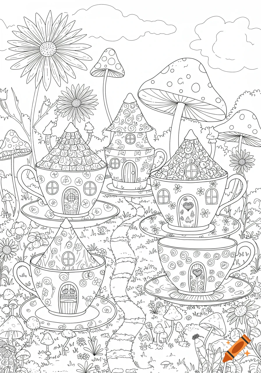 Black and white line art coloring page of a whimsical garden path leading through teacup houses, surrounded by large flowers and mushrooms.