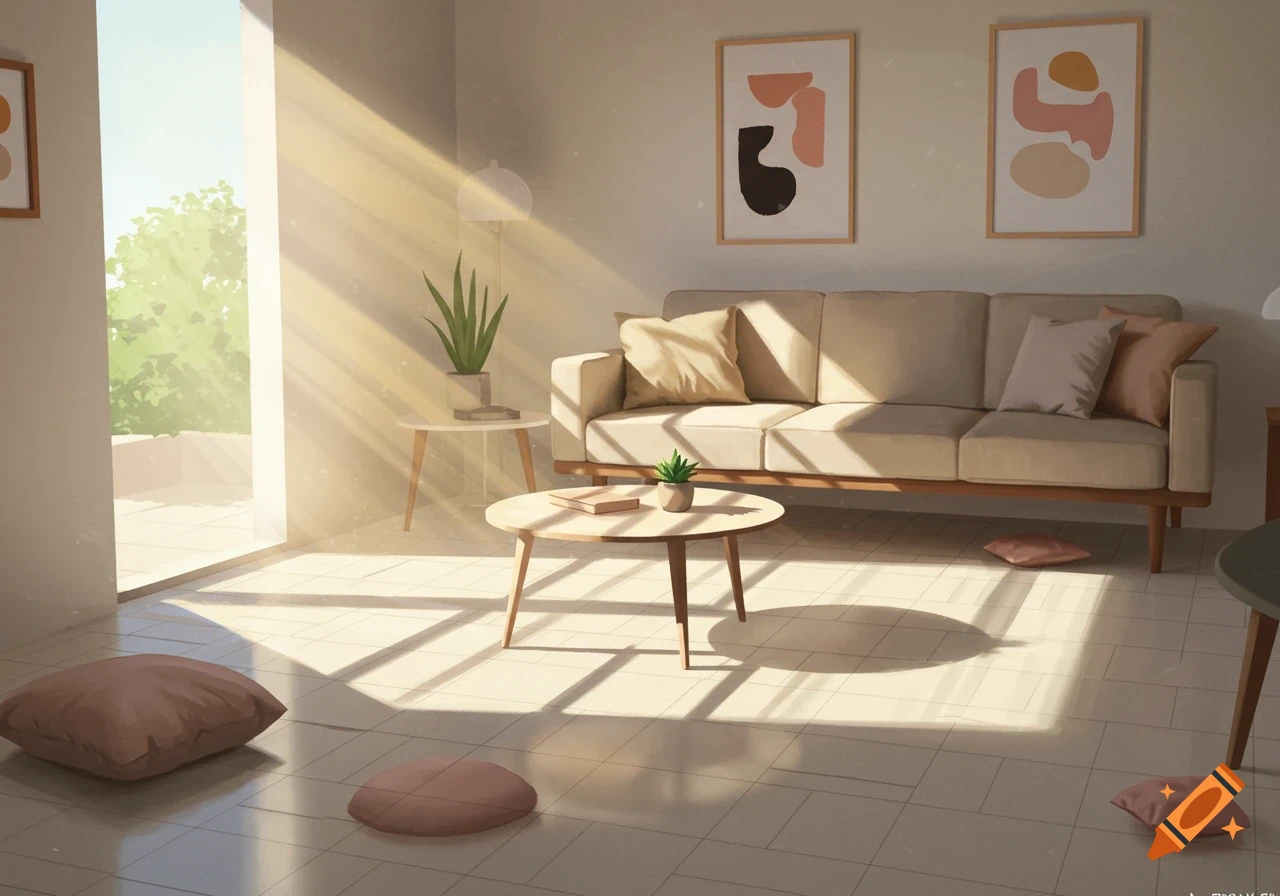 A brightly lit modern living room with a beige sofa, two coffee tables, and several floor pillows. Sunlight streams through a large window.