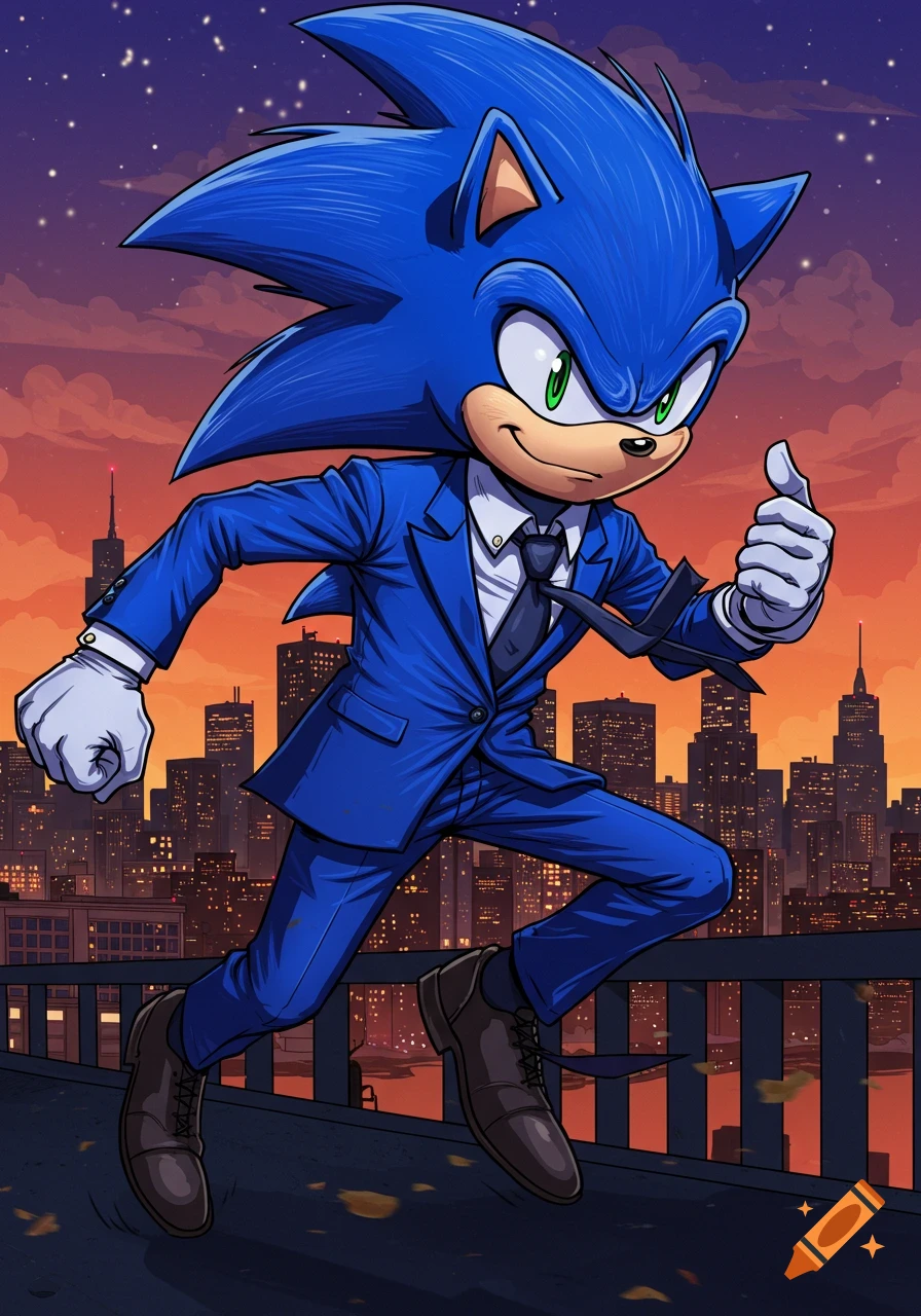 Sonic the Hedgehog in a blue suit running across a city rooftop at sunset, drawn in an American graphic novel style.