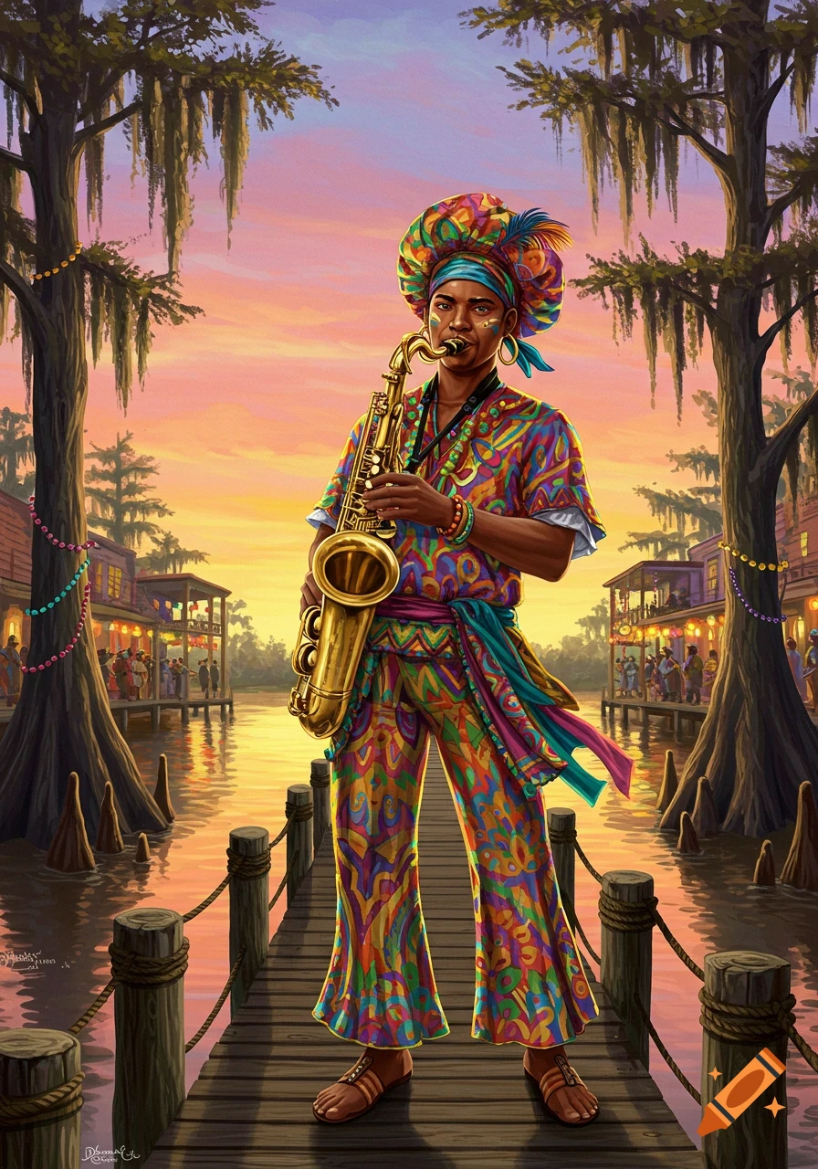 Vibrant illustration of a person in colorful attire playing a saxophone on a dock in a Louisiana bayou at sunset.