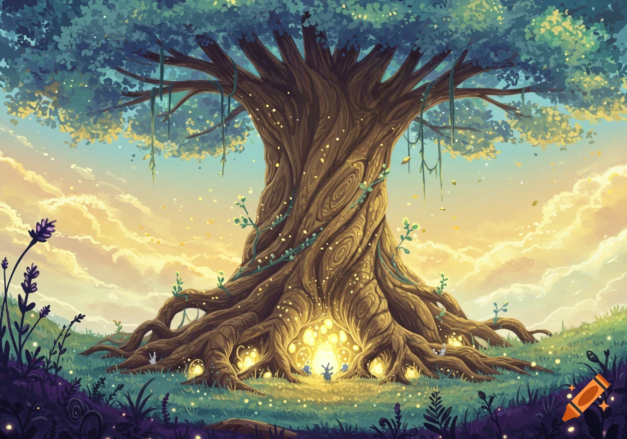 A large, fantastical tree with glowing roots and tiny creatures, set against a dreamy pastel sky in an illustrative style.
