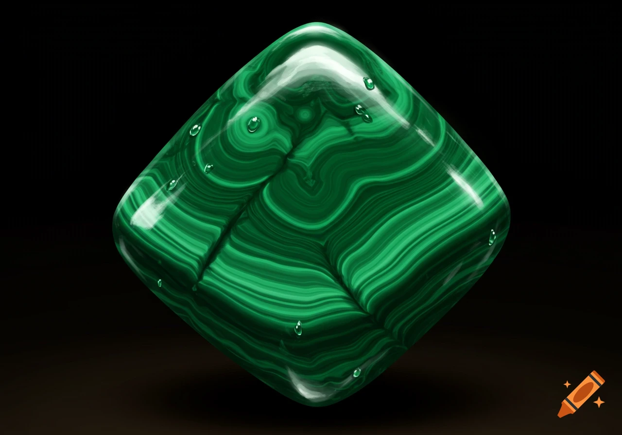 A close-up of a glossy, square-shaped malachite stone, showing vibrant green swirling patterns and small water droplets on its surface against a dark background.