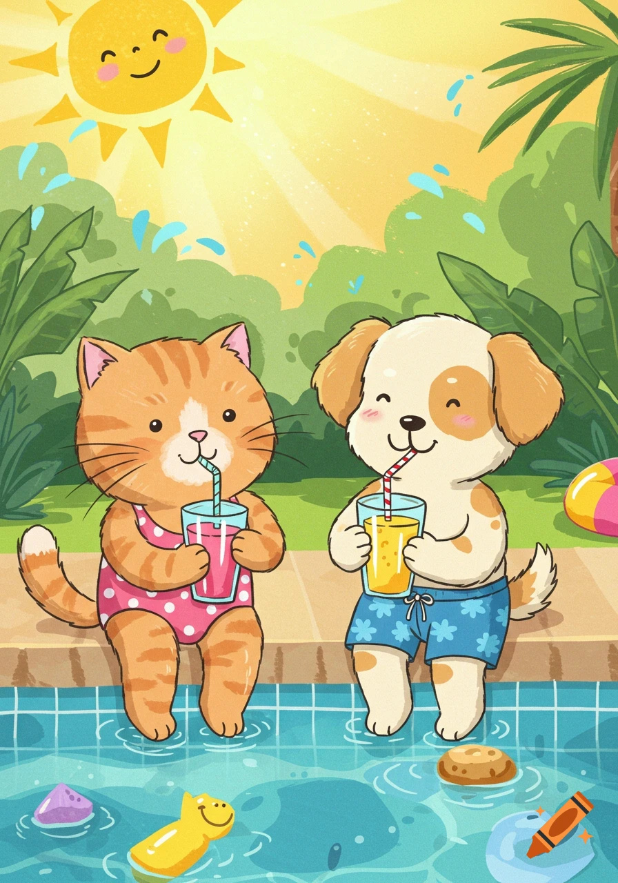 A cartoon cat and puppy in swimsuits sit by a swimming pool, happily drinking juice under a bright sun.