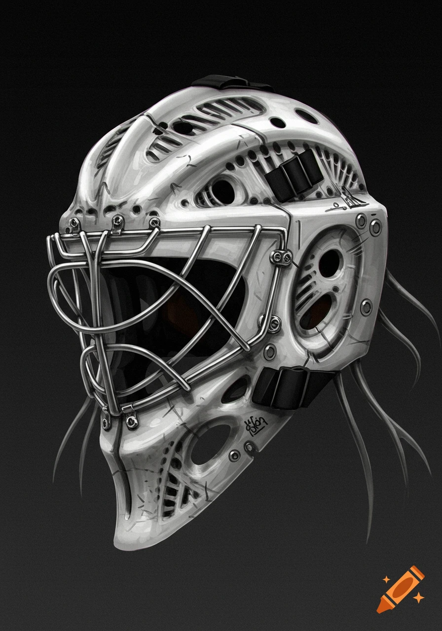 A detailed illustration of a futuristic, biomechanical ice hockey goalie helmet in the style of H.R. Giger.