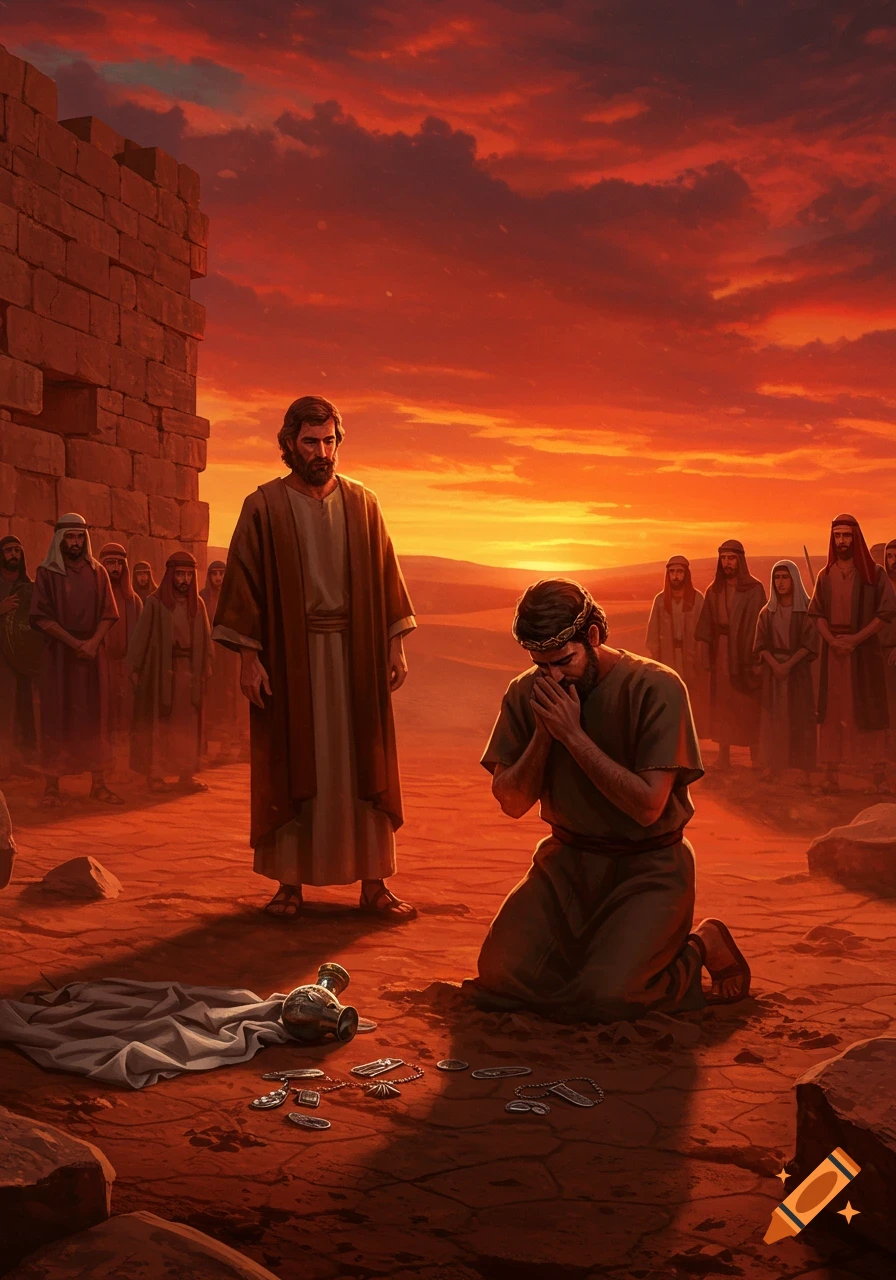 A man kneels with hands clasped, while another stands over him, surrounded by onlookers in a desert with ancient walls under a dramatic red sky.