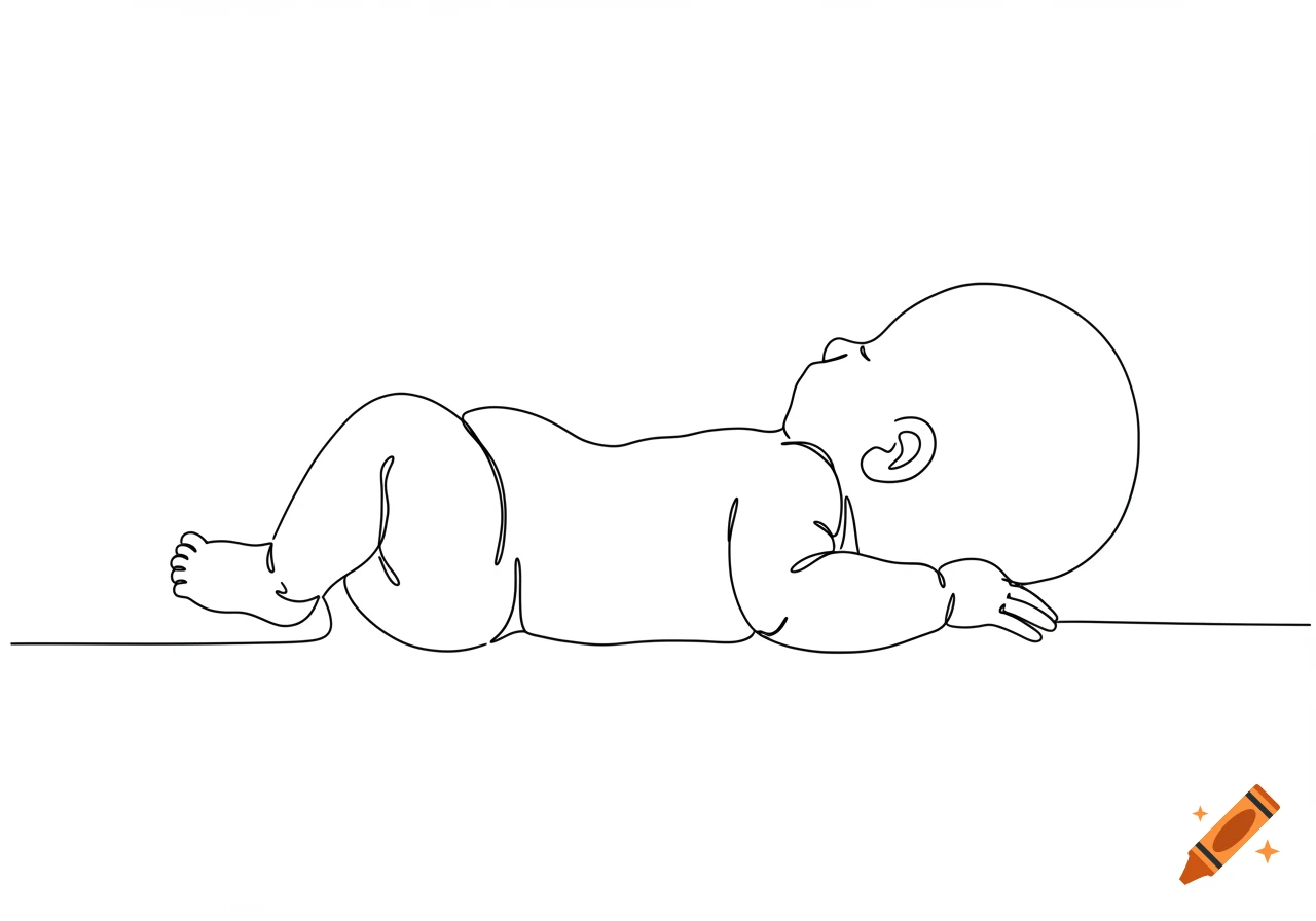 Simple line drawing of a baby lying on its stomach.