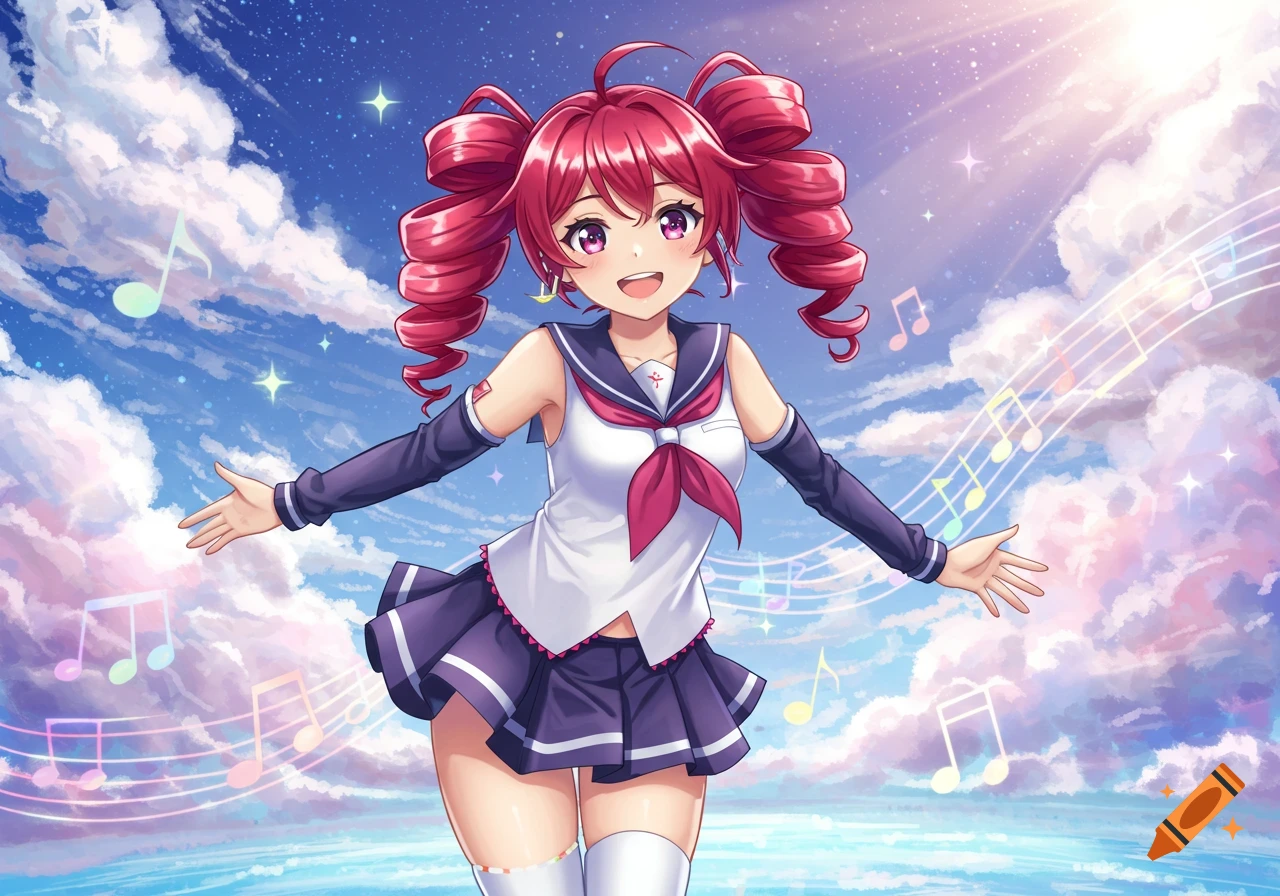 Anime girl with red pigtails and sailor uniform, smiling with arms outstretched under a sunny sky with musical notes.